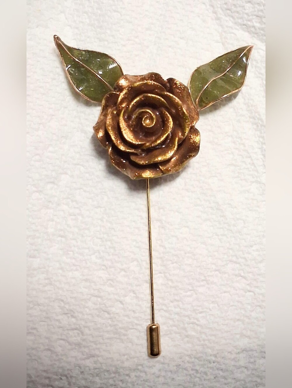 Gold Rose Stick Pin Brooch with Green Leaf Accents